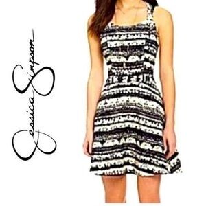 JESSICA SIMPSON AZTEC OPEN BACK 100% COTTON LINED BLACK CREAM DRESS SIZE 11/12
